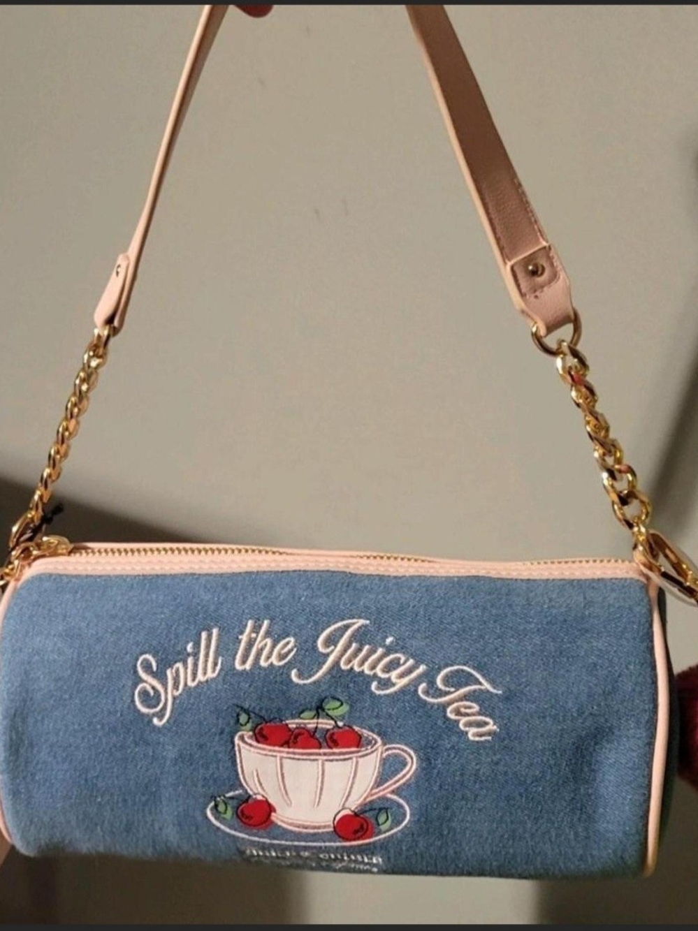 Juicy Couture Blue 'Spill the Juicy Tea' Denim Shoulder Barrel Bag NWT